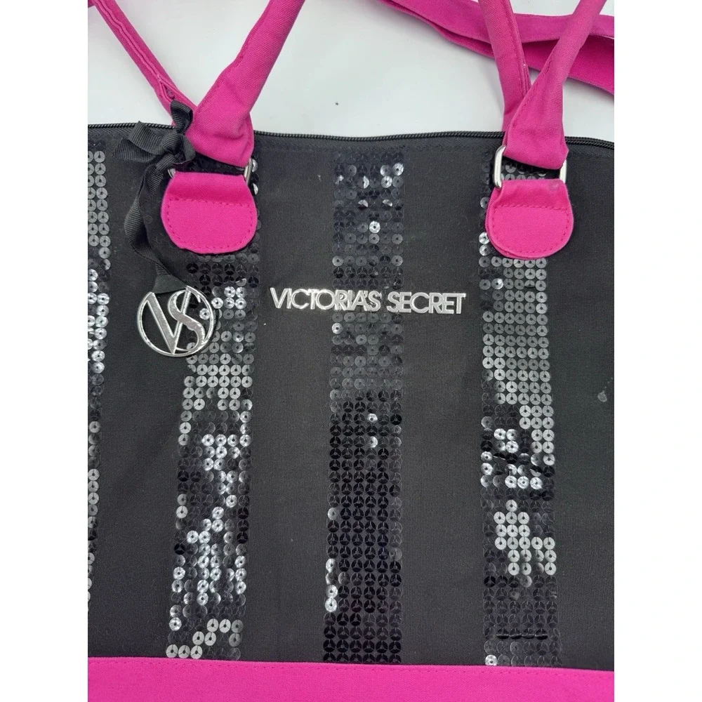 Victoria's Secret Sequin Stripe Hot Pink/ Black Weekender Large Duffel Bag